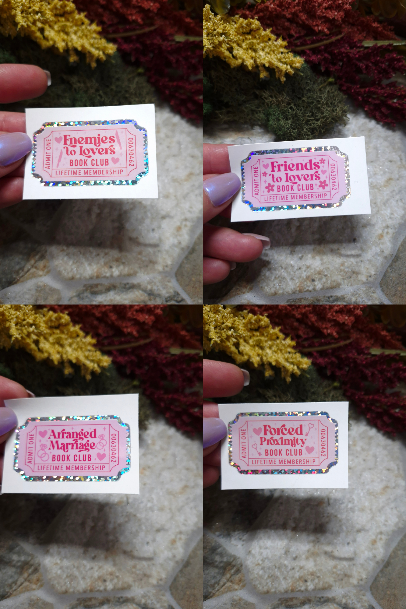 Enemies to Lovers, Friends to Lovers, Arranged Marriage, and Forced Proximity stickers on a stone background.