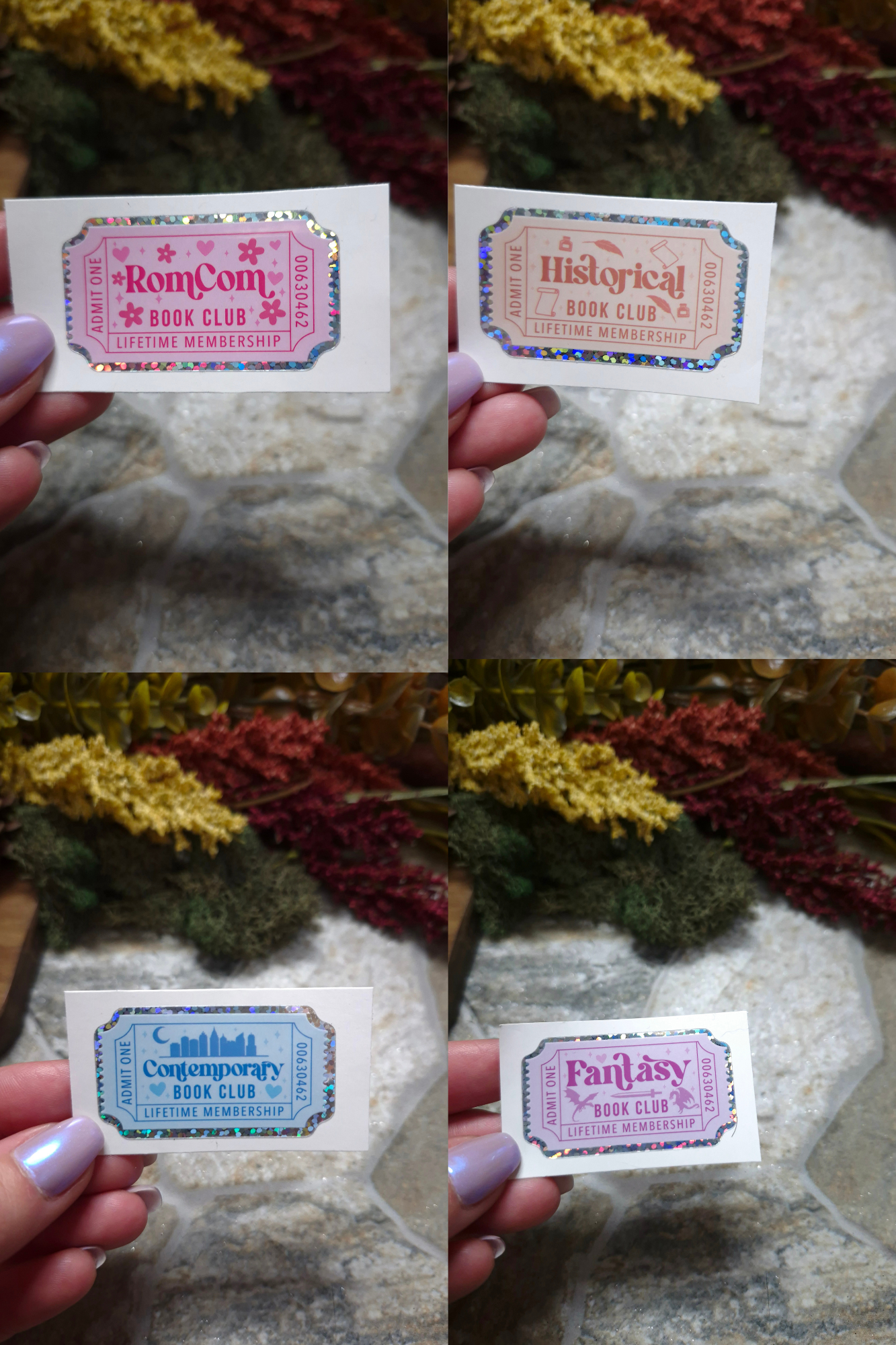 Rom Com, Historical, Contemporary, Fantasy, Book Genre Stickers on a stone background