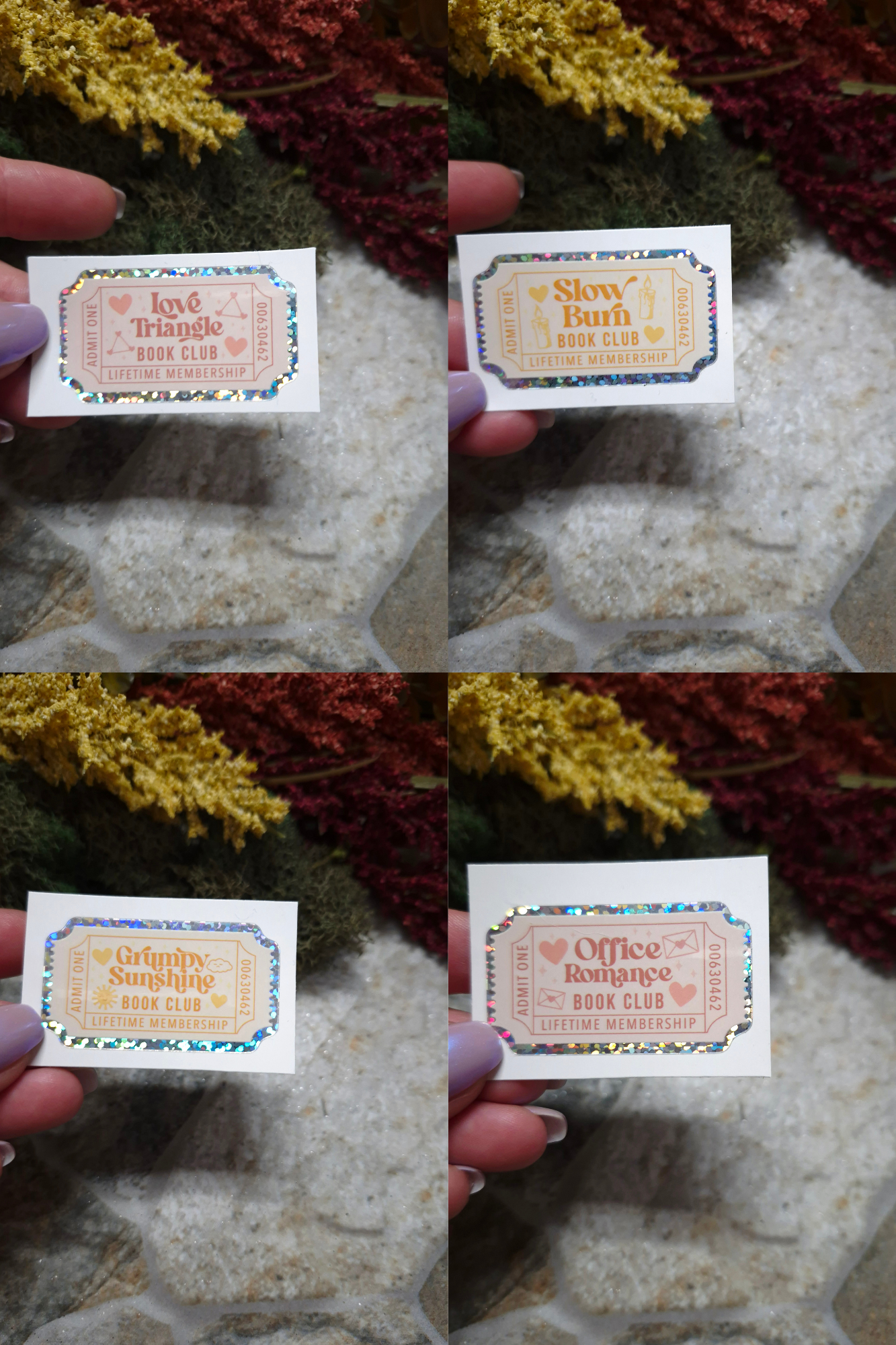 Love Triangle, Slow Burn, Grumpy Sunshine, and Office Romance stickers on a stone background