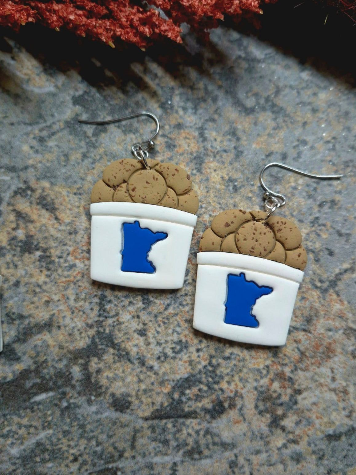 close up of hook State fair cookie bucket earrings on a stone background surrounded by foliage .