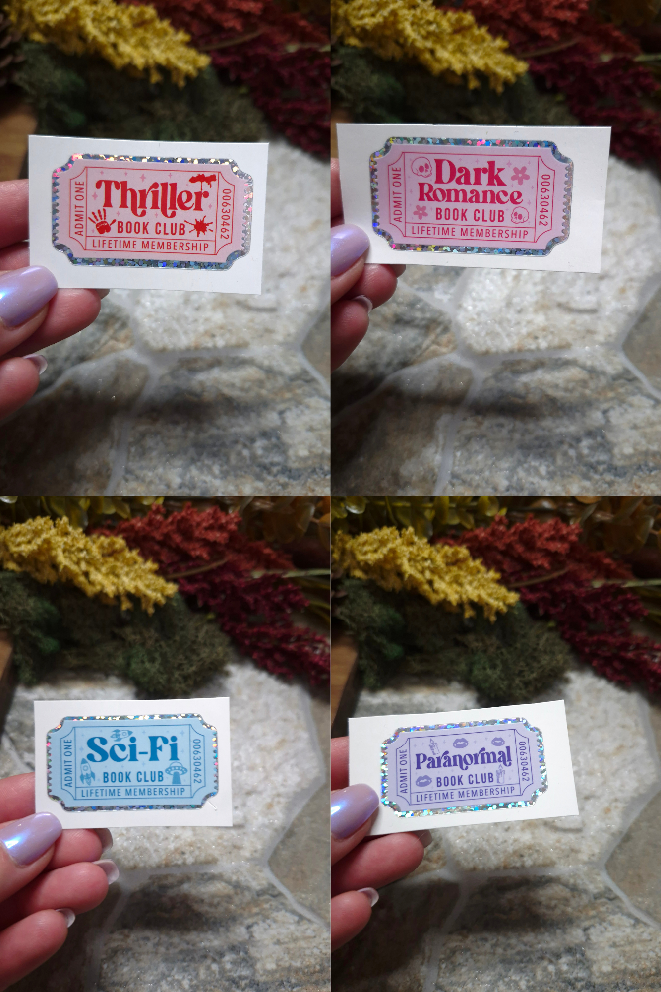 Thriller, Dark Romance, Sci-fi, and Paranormal Book Genre Stickers on a stone background
