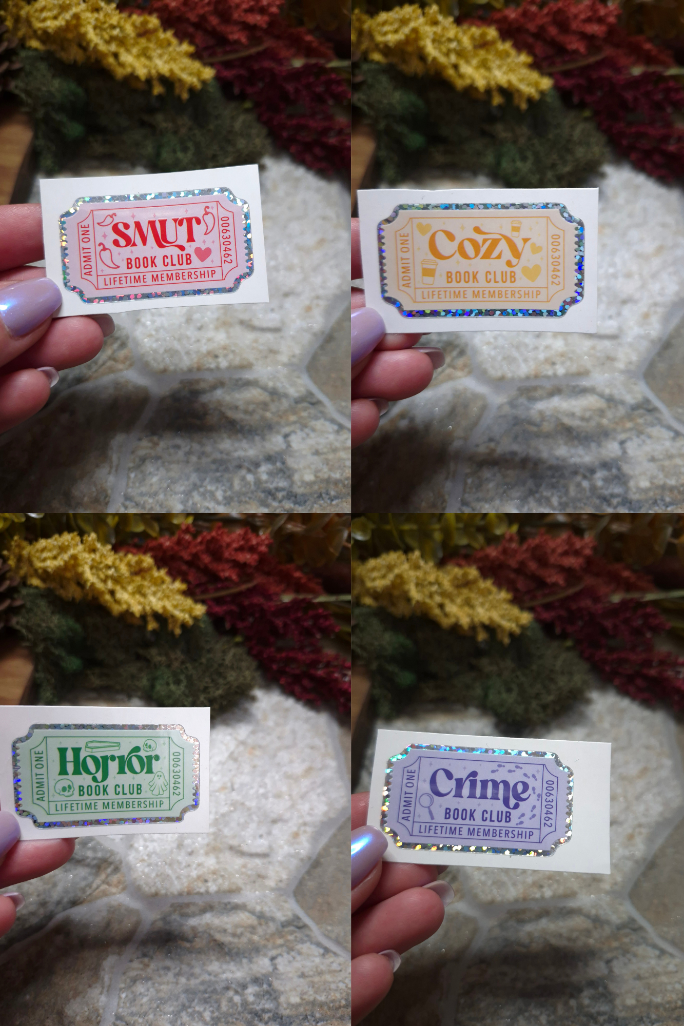 Smut, Cozy, Horror, Crime Book Genre Stickers on a stone background