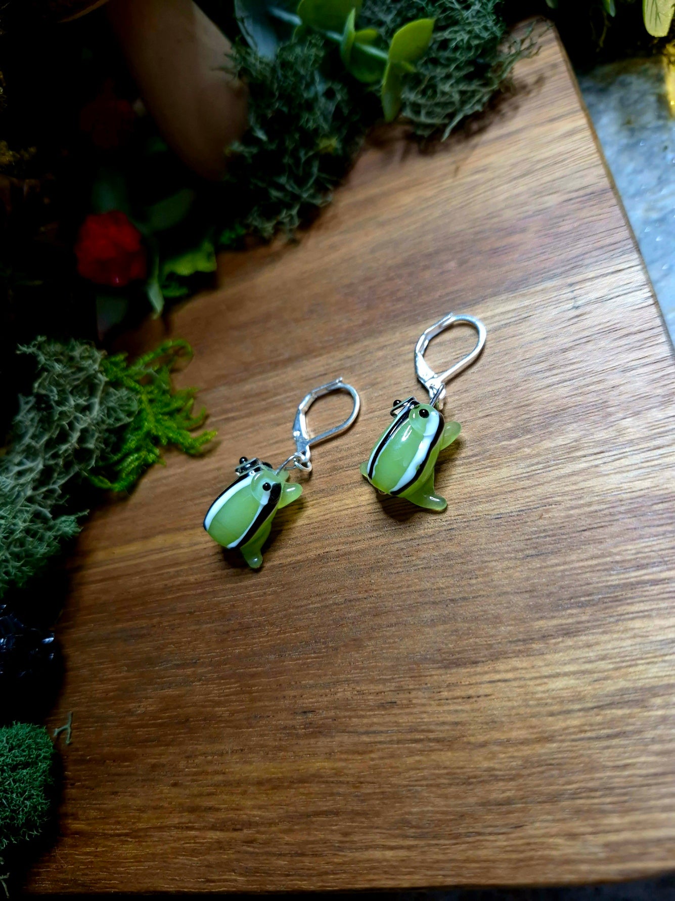 silver frog charm earrings on a wood and stone background