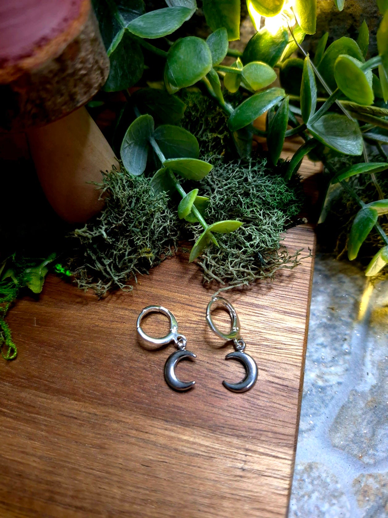 silver moon charm earrings on wood and stone background