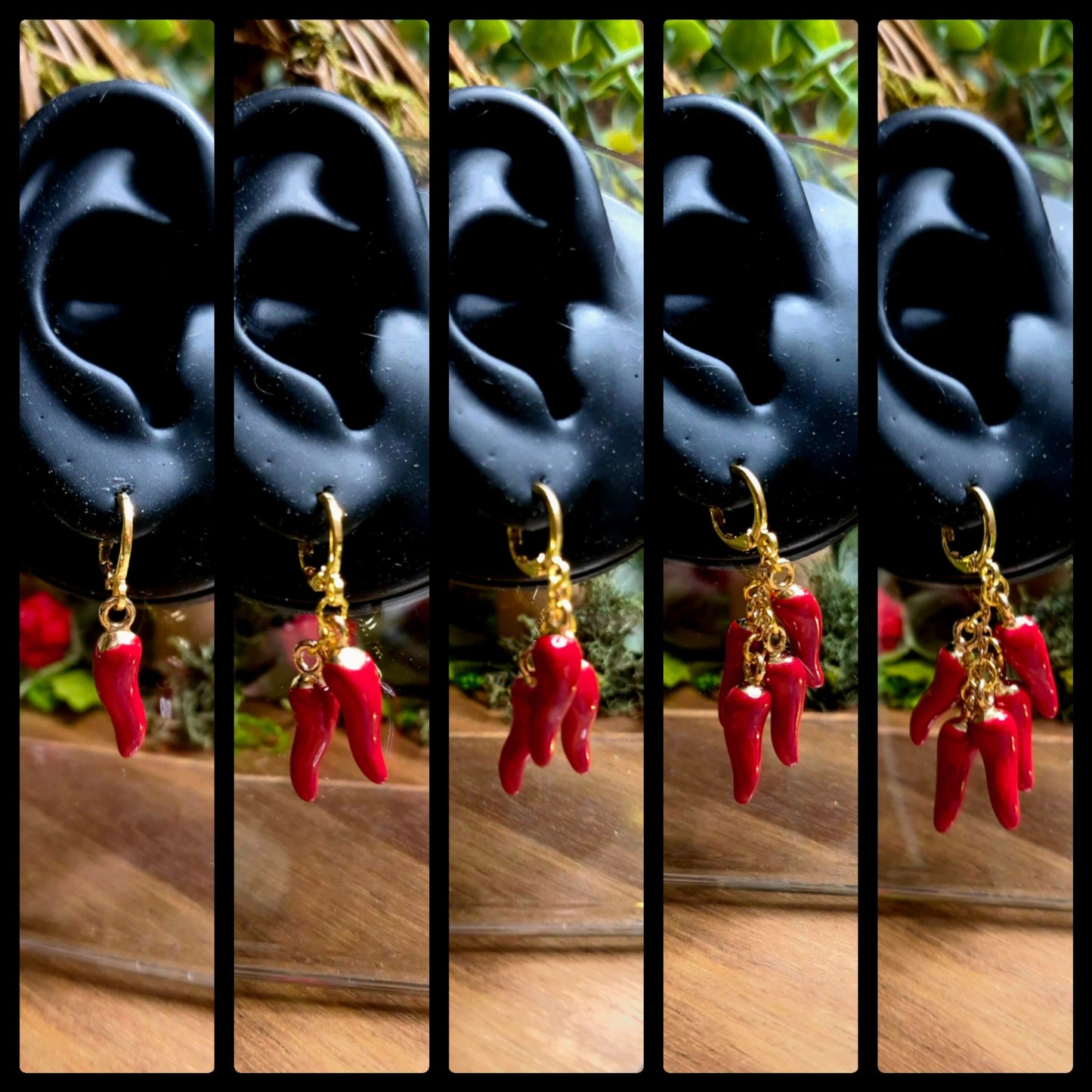 Collage of Pepper variation earrings on a display ear