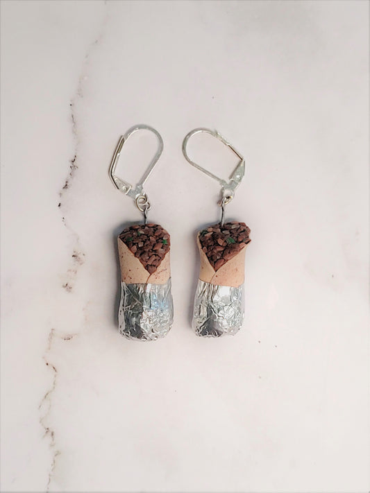 Closeup of regular burrito earring made of polymer clay.