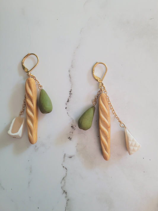 close up of 3d Baguette, wedge of cheese, and pear earrings.