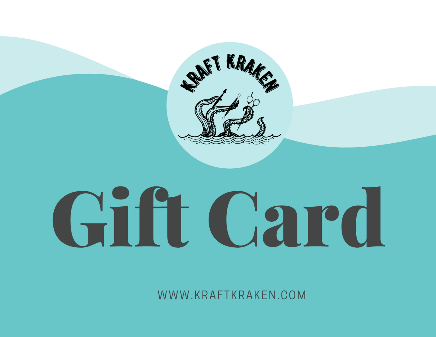 Digital gift card of various teal waves and Kraft Kraken logo in center.