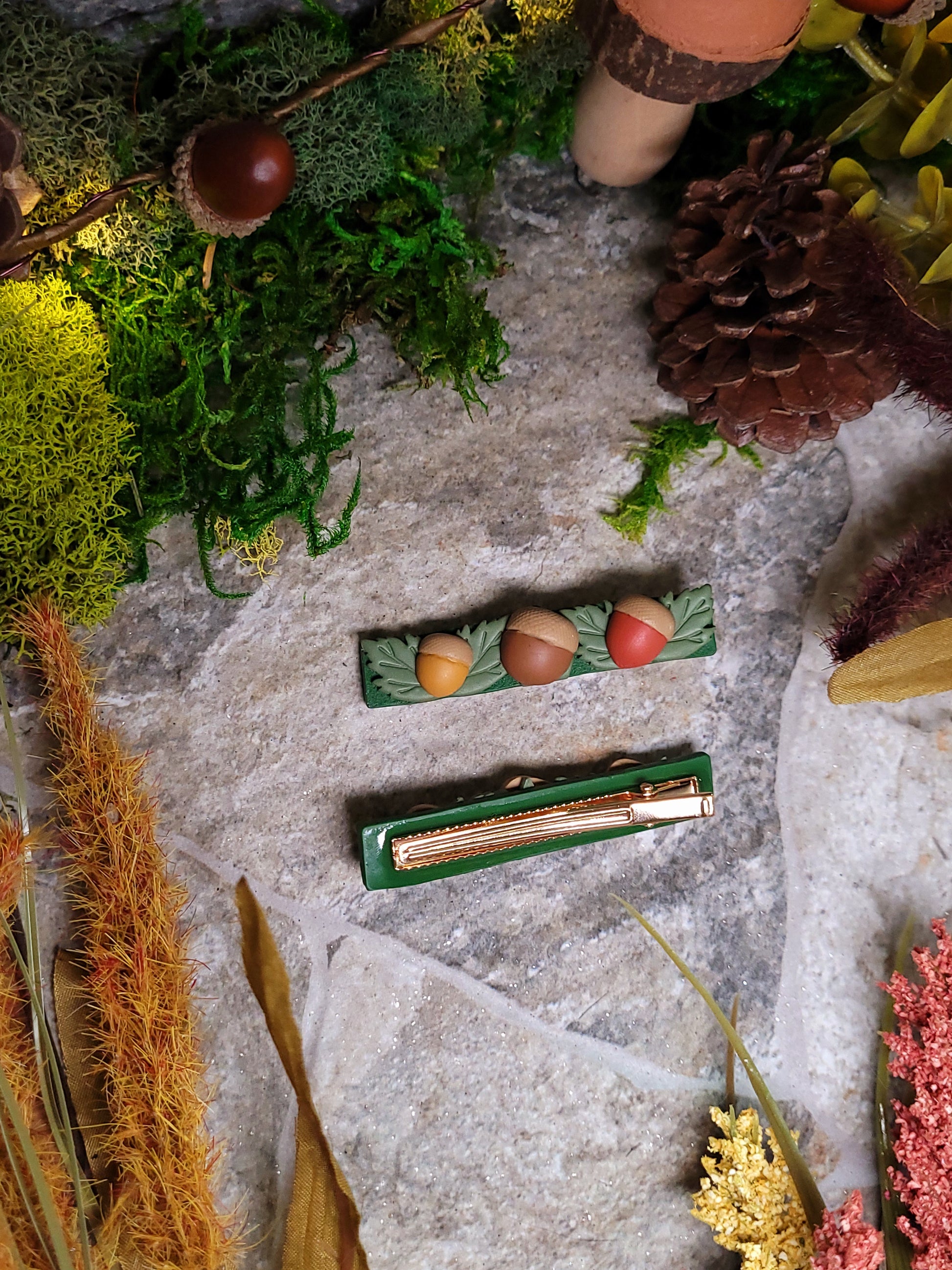 back of acorn clips on a stone background surrounded by foliage