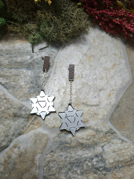 close up of flail earrings on a stone background surrounded by foliage. 