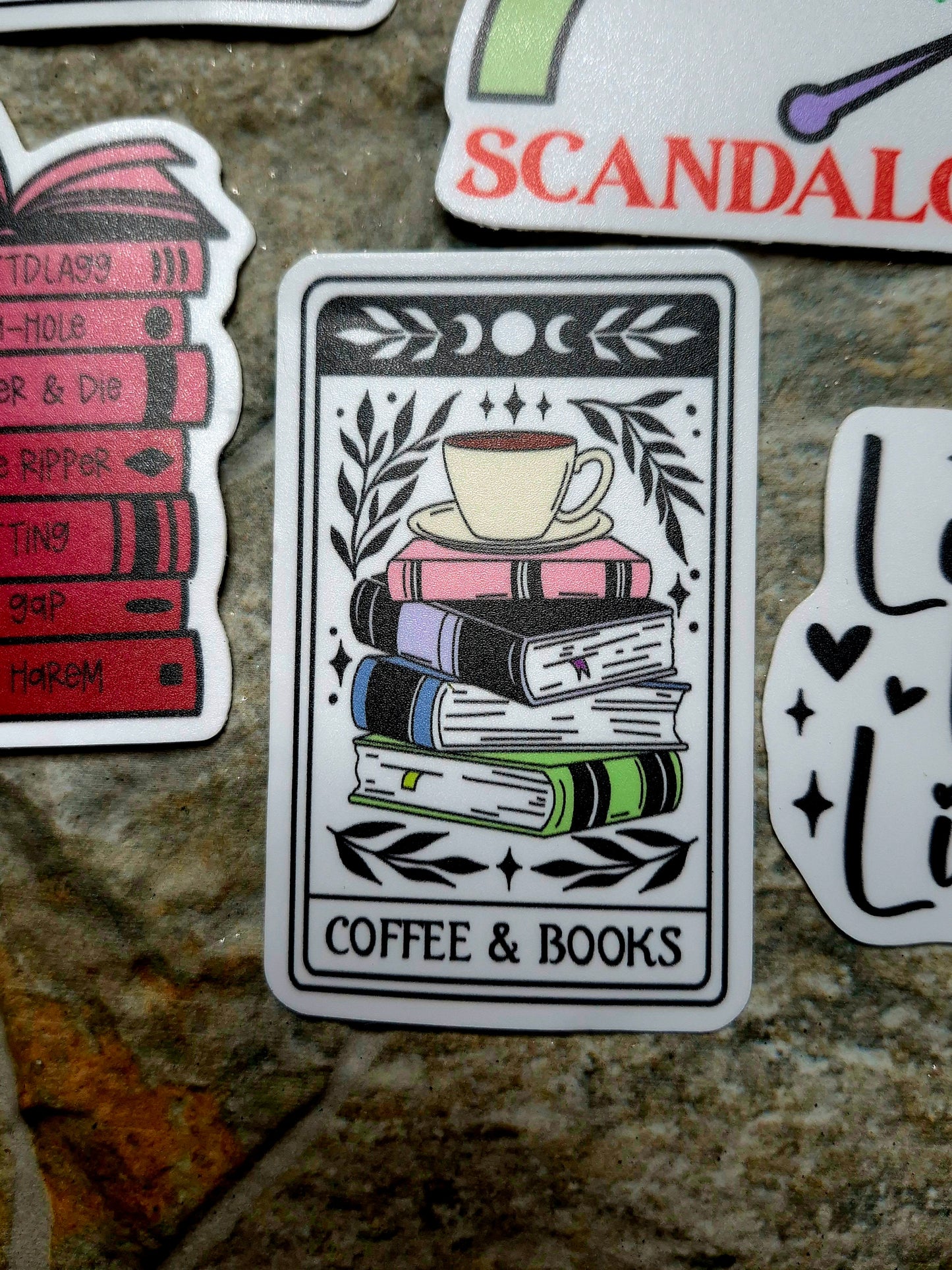 coffee & books tarot sticker on stone background 