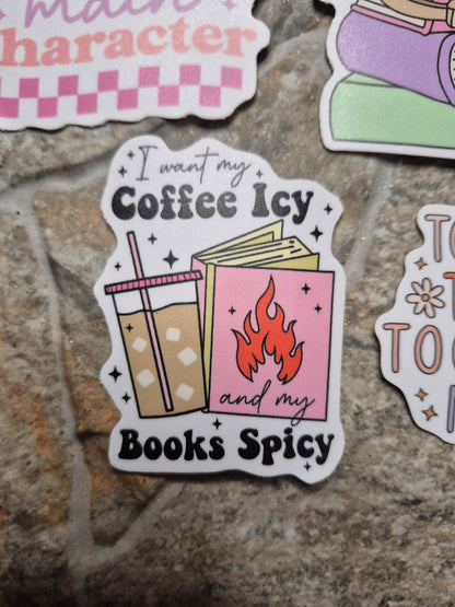 coffee icy books spicy sticker on a stone background 