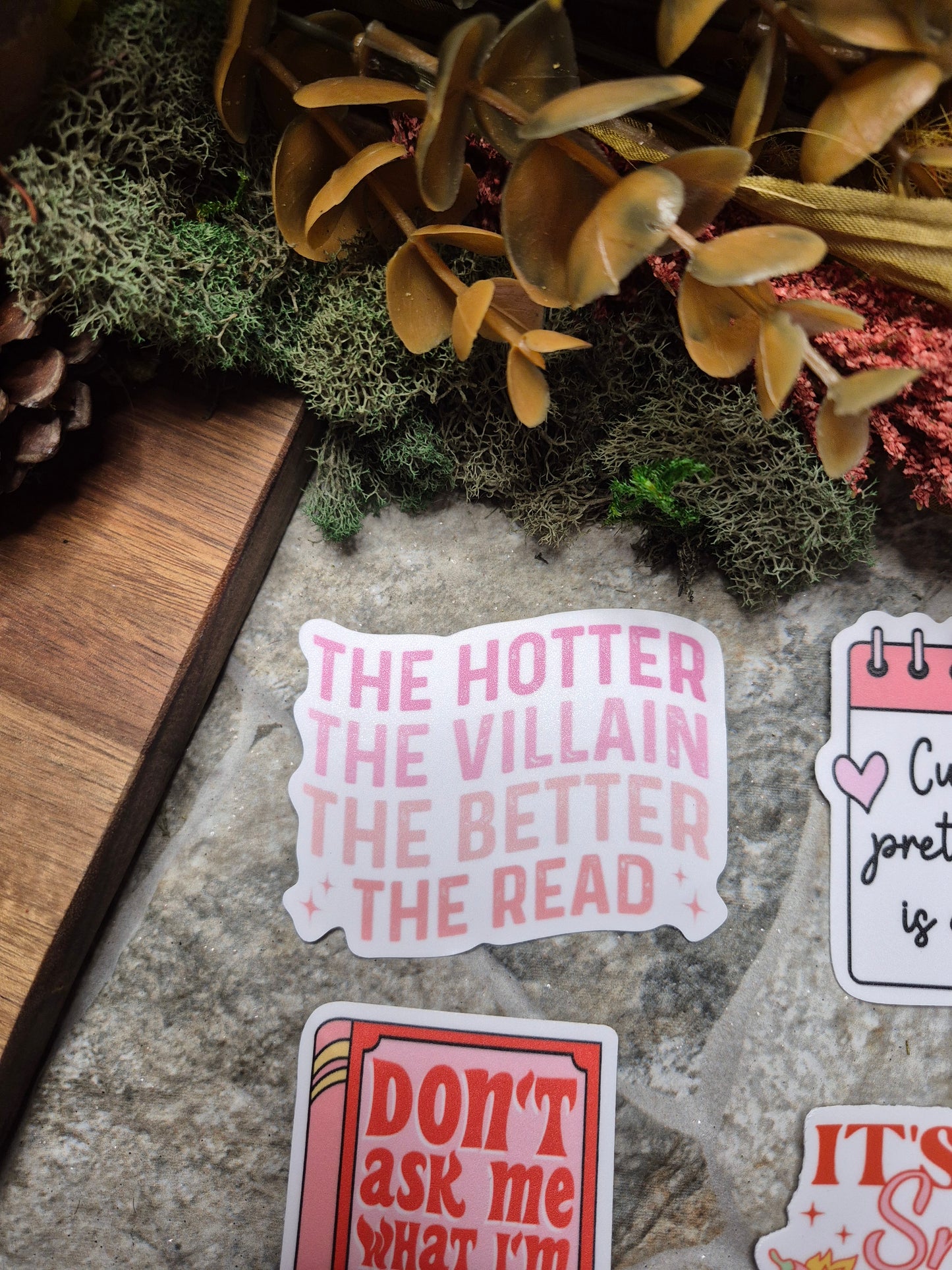 hotter villain better read sticker on stone background