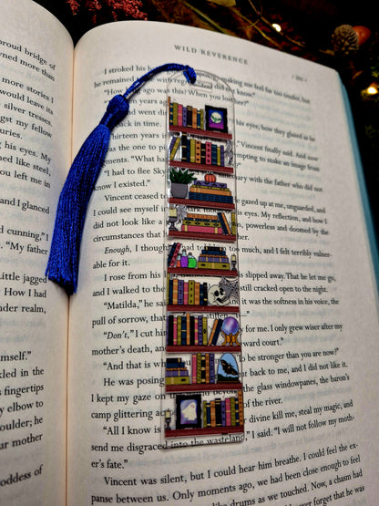 spooky bookshelf bookmark on a book background. 