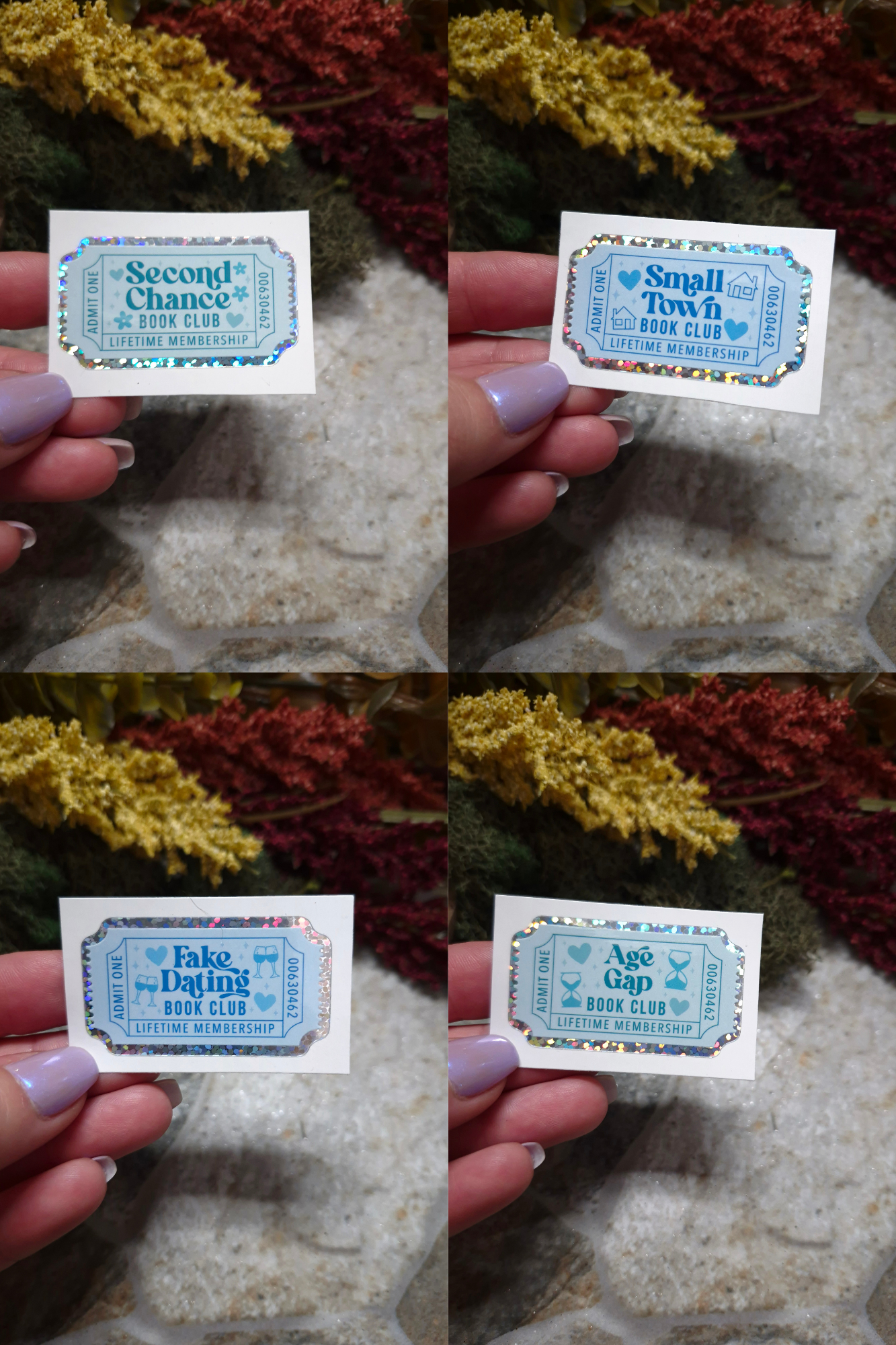 Second Chance, Small Town, Fake Dating, and Age Gap stickers on a stone background. 