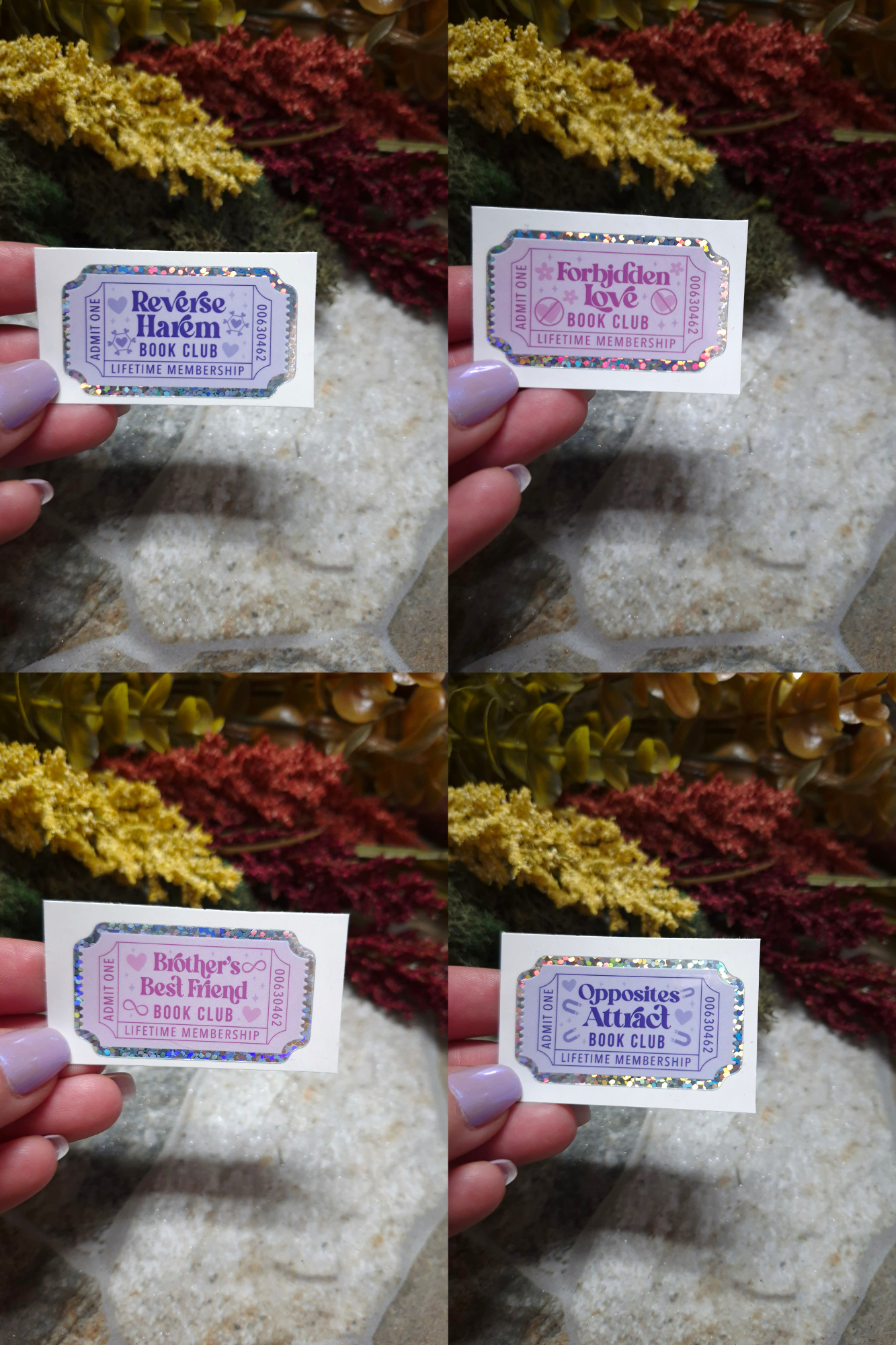 Reverse Harem, Forbidden Love, Brother's Best Friend, Opposites Attract stickers on a stone background. 