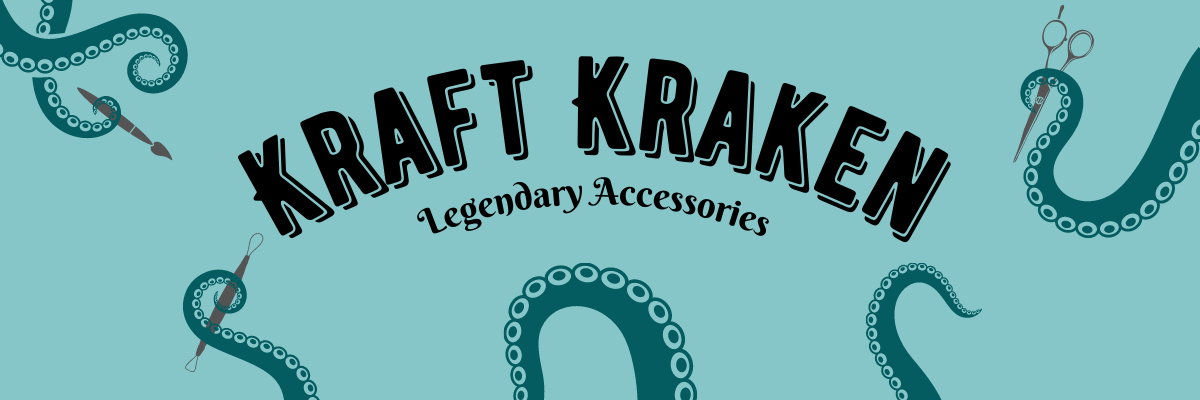 Kraft kraken banner of name with tentacles holding craft tools. 