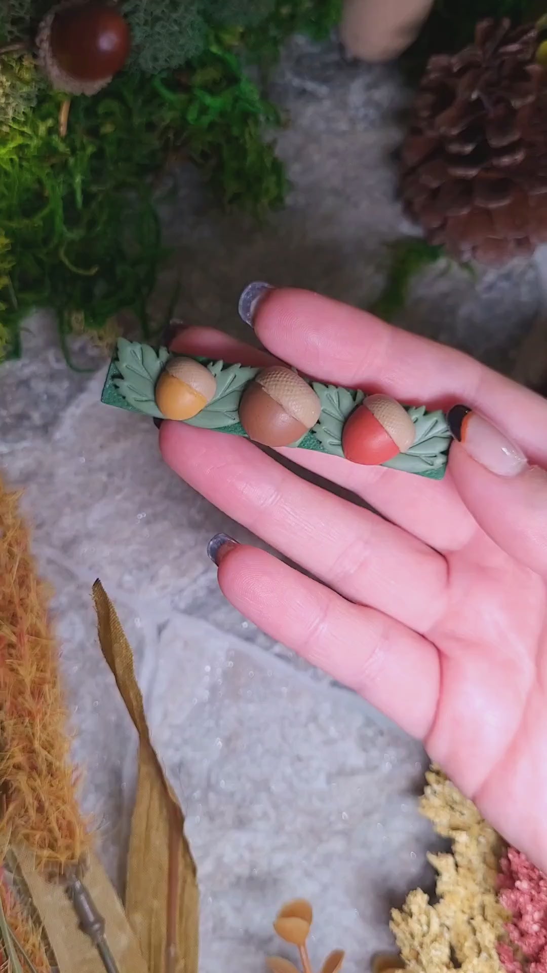 video close up of acorn clips on a stone background surrounded by foliage