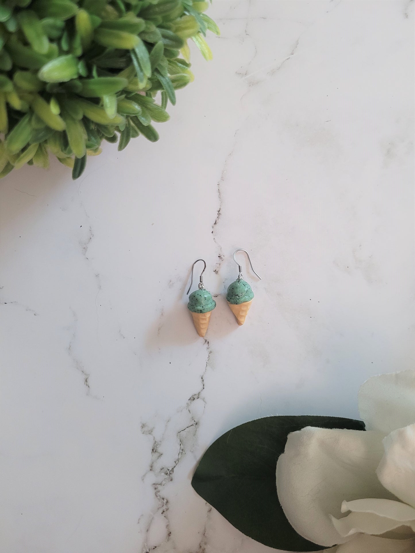 3d mint chip ice cream cone earrings. 