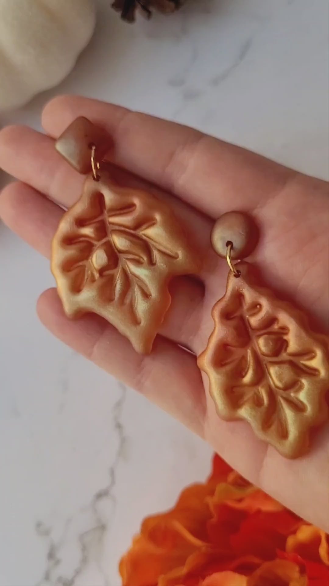 Close up of the leaf earrings